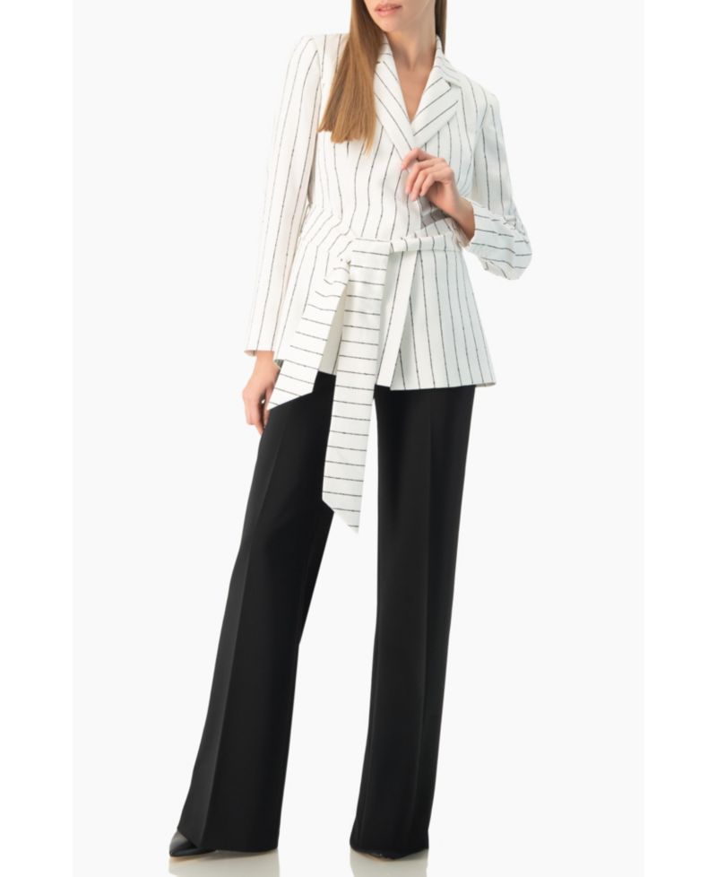 Women's Pinstripe Self-Tie Belted Wrap Tailored Blazer