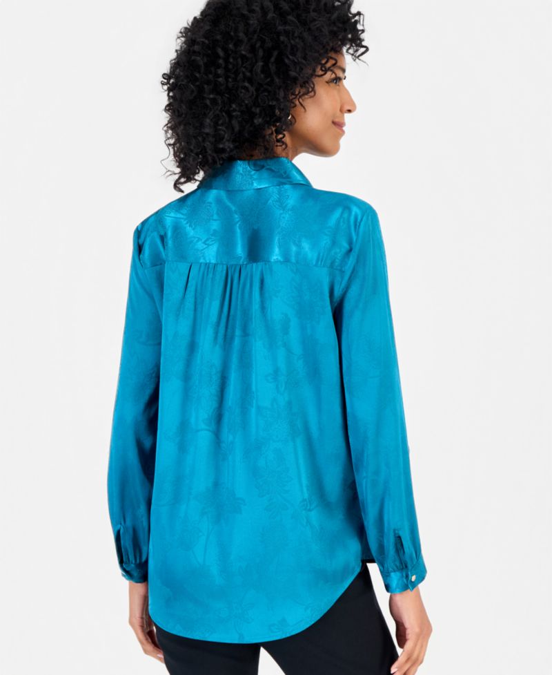 Women's Floral Jacquard Roll-Tab Long-Sleeve Blouse