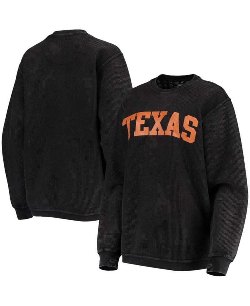 Women's Black Texas Longhorns Comfy Cord Vintage-Like Wash Basic Arch Pullover Sweatshirt