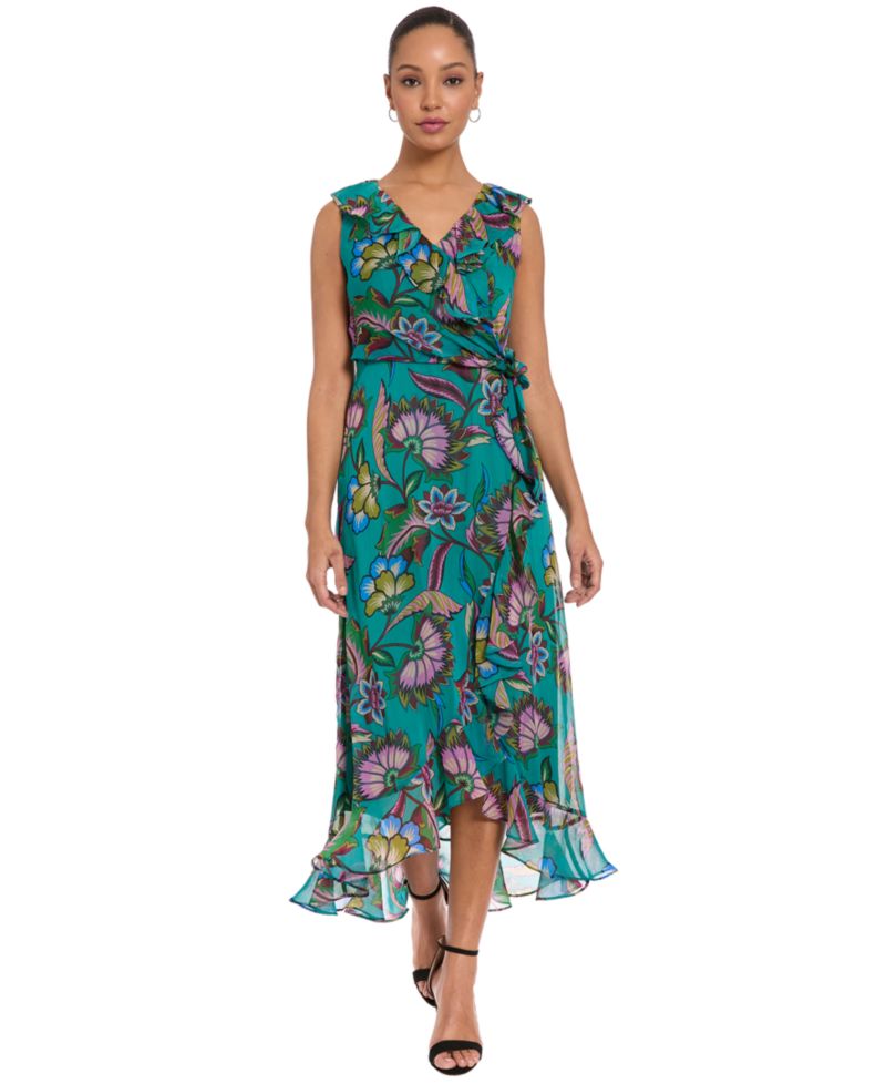 Petite Ruffle Trim Surplice Neck High-Low Dress