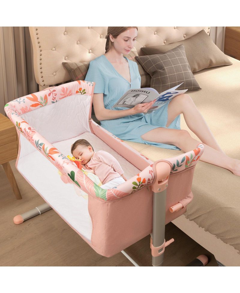 Folding Baby Bassinet Bedside Sleeper with 4 Adjustable Heights-Pink