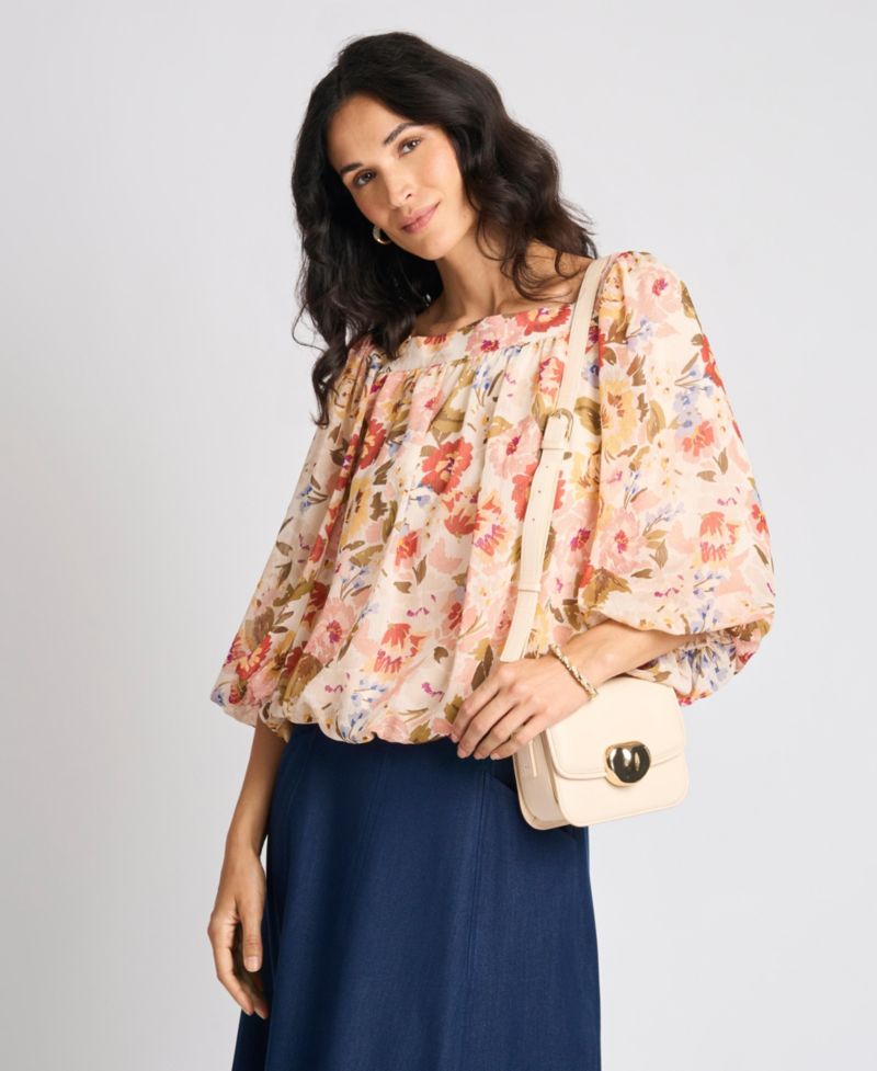 Women's Square-Neck 3/4-Sleeve Floral Blouse