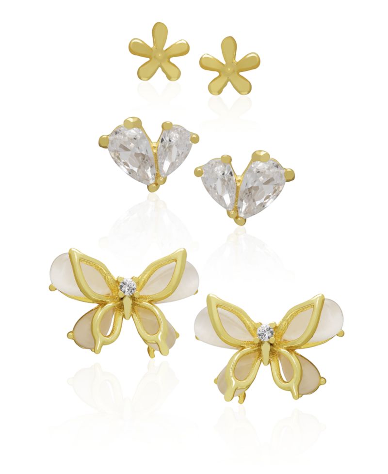 3-Pc. Cubic Zirconia (0.44 ct. t.w.) Flower, Heart and Butterfly Stud Earrings Set