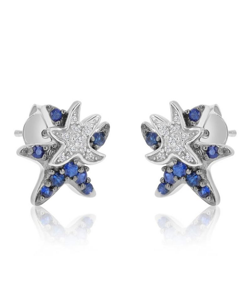 White Sapphire and Created Blue Sapphire Duo Starfish Stud Earrings in Rhodium Over Sterling Silver