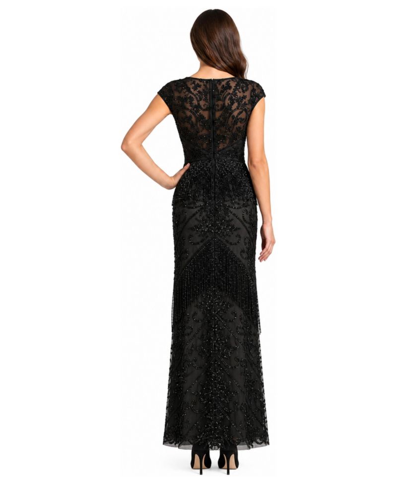 Women's Cap Sleeve Beaded Gown with Fringe