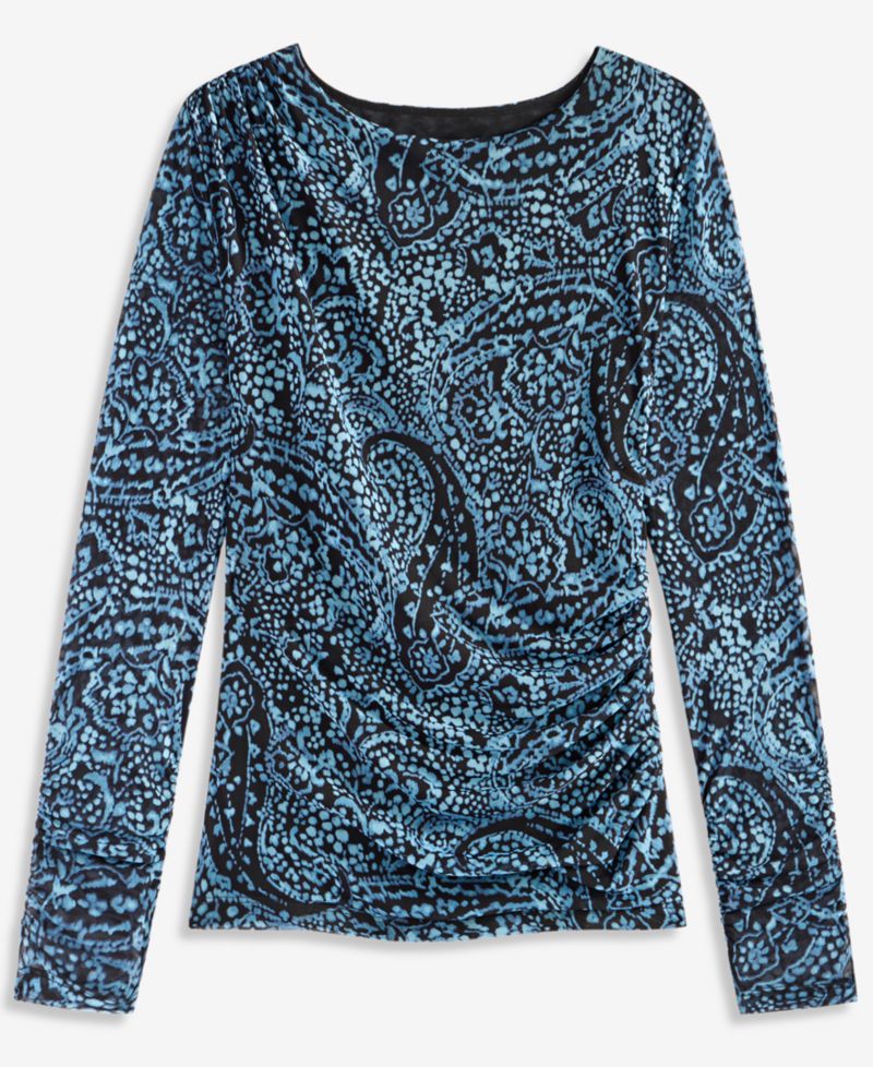 Women's Ruched Mesh Long-Sleeve Crewneck T-Shirt