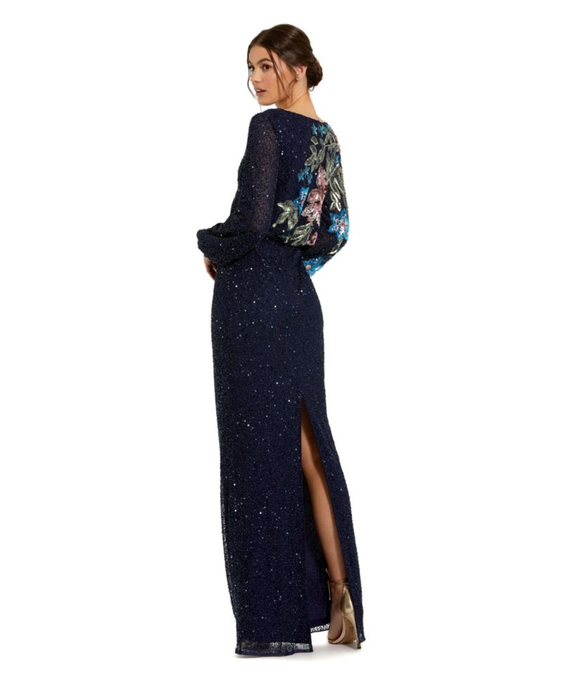 Women's High Neck Blouson Sleeve Sequin Gown