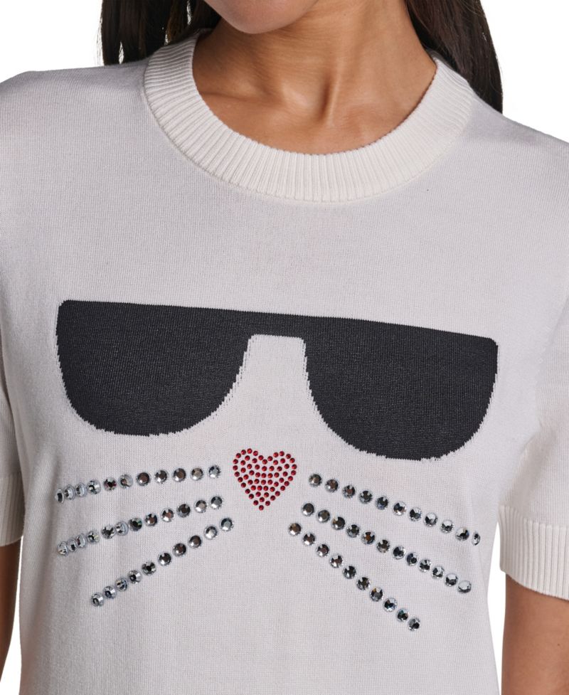 Women's Choupette Crewneck Short-Sleeve Rhinestone Graphic Sweater