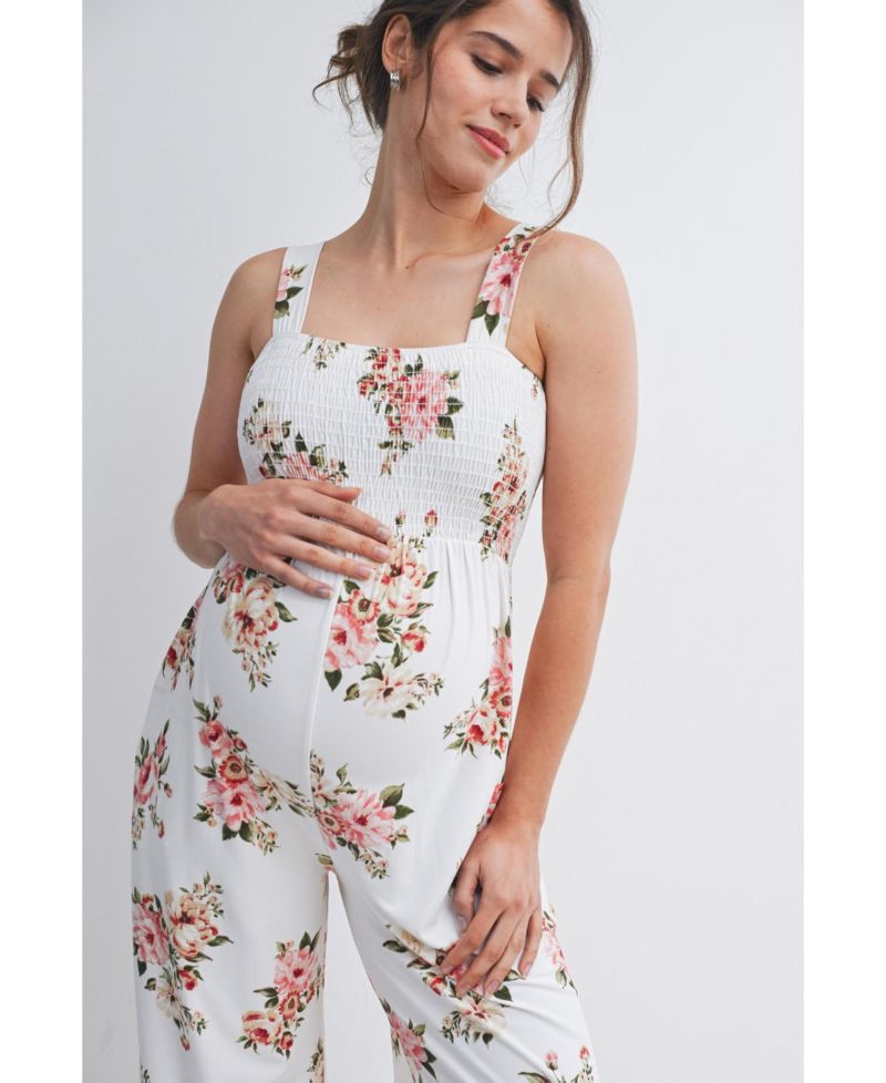 Maternity Floral Smocked Square Neck Wide Leg Jumpsuit with Pockets