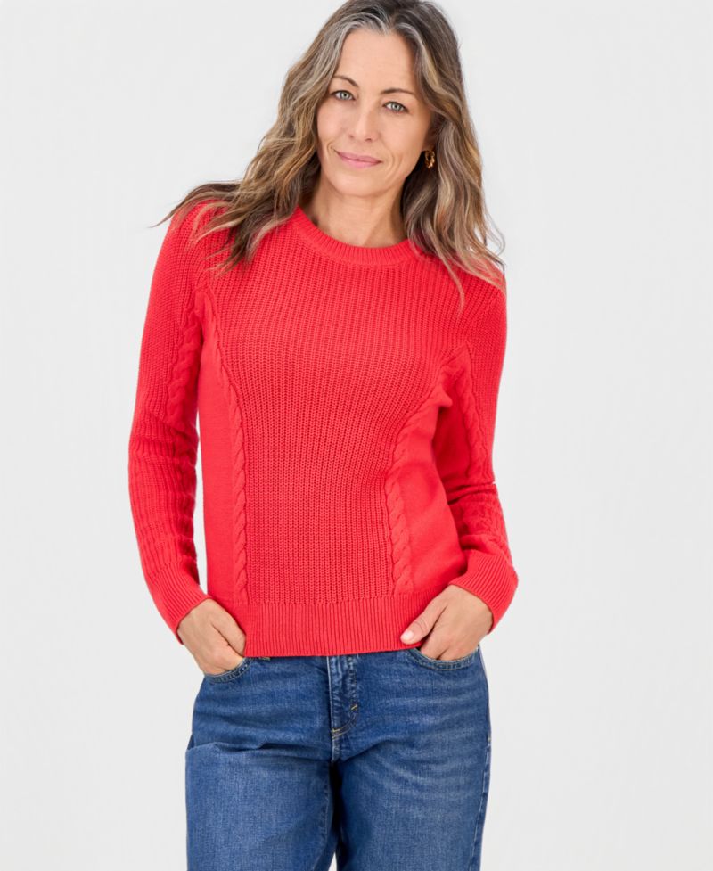 Petite Mixed Rib Cable-Knit Cotton Crewneck Pullover