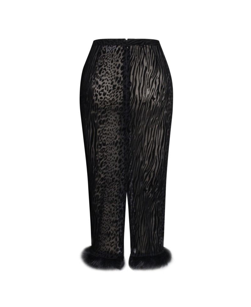 Women's Halia Black Animal Print Burnout Velvet Faux Fur Trim Skirt