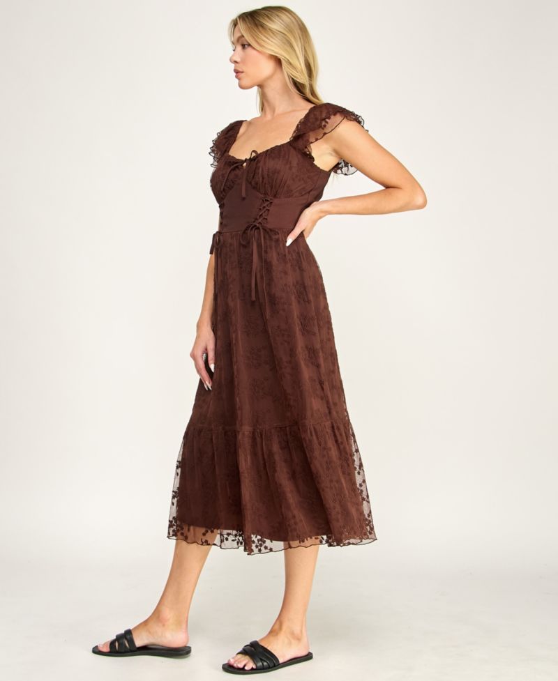 Juniors' Sweetheart-Neck Flutter-Sleeve Lace Midi Dress