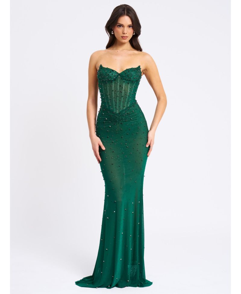 Women's Fatima Green Crystal Sleeveless Corset Mermaid Maxi Dress