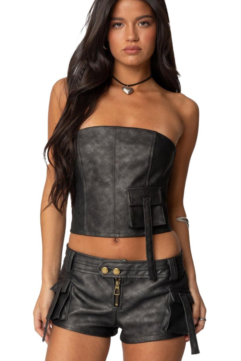 Womens Ryan Faux Leather Cargo Corset Top