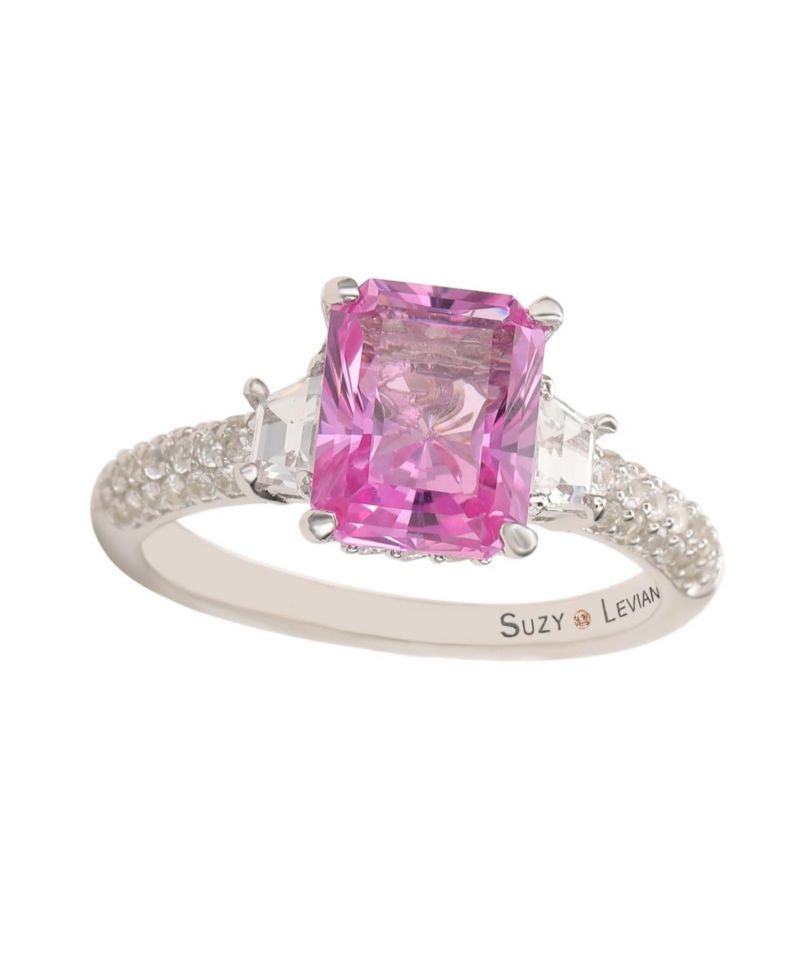 Suzy Levian Sterling Silver Sapphire & Created White Sapphire Emerald Cut Proposal Ring