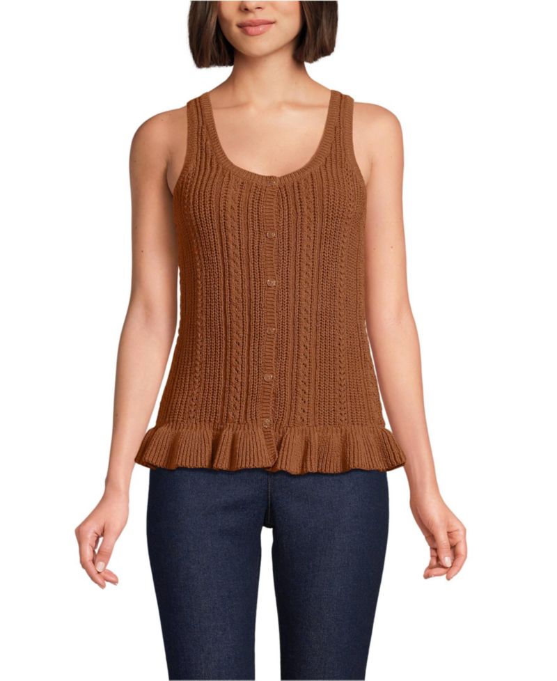 Women's Cotton Boucle Ruffle Hem Sleeveless Sweater