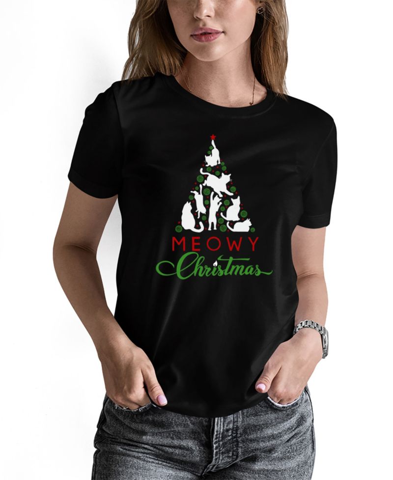 Women's Meowy Christmas Tree Word Art Crew Neck T-Shirt