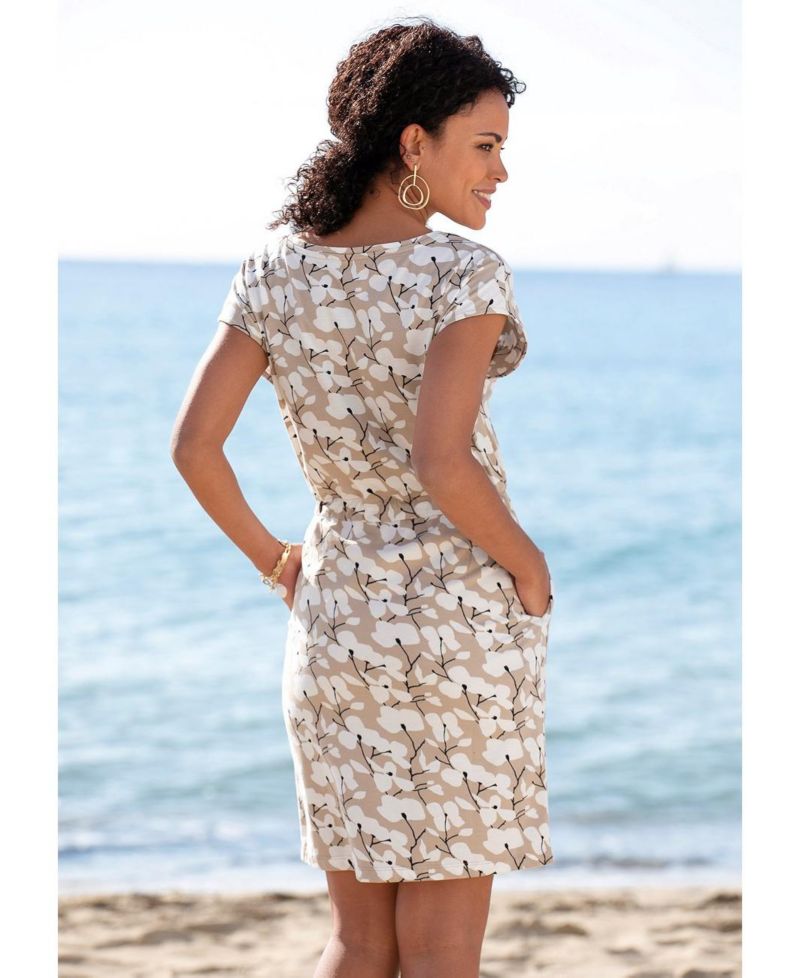 Women's Printed Drawstring Casual Scoop-Neck Short Dress