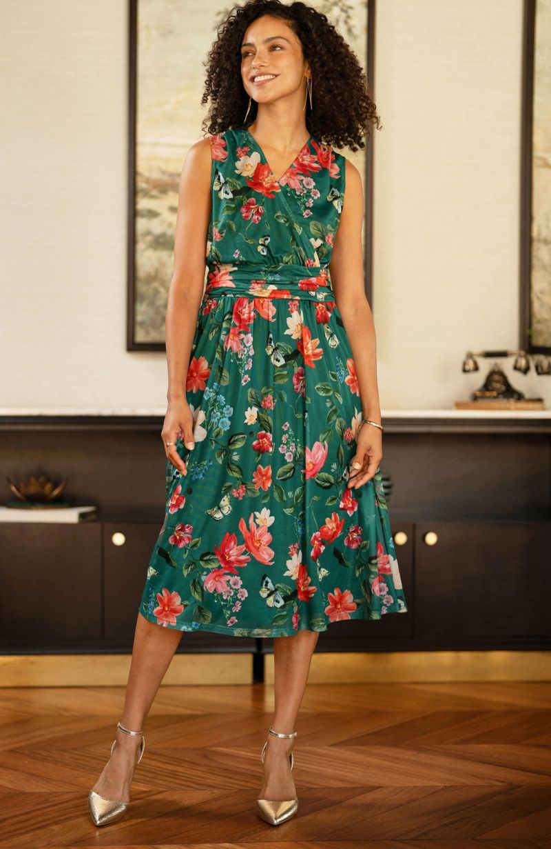 Women's Floral Print Mesh Stretch Midi Dress