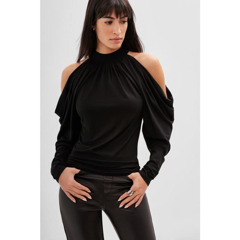 Women's Perry Halter-Neck Cold-Shoulder Draped Long-Sleeve Jersey Top