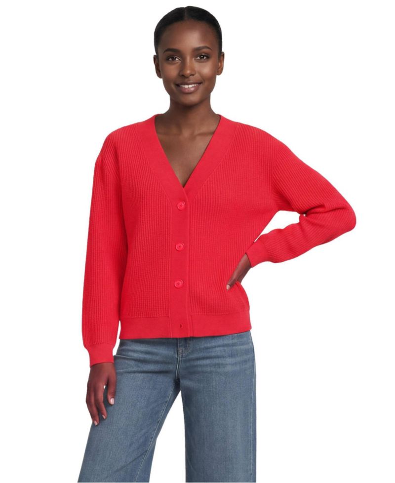 Women's Waffle-Knit V-Neck Cotton-Blend Cardigan