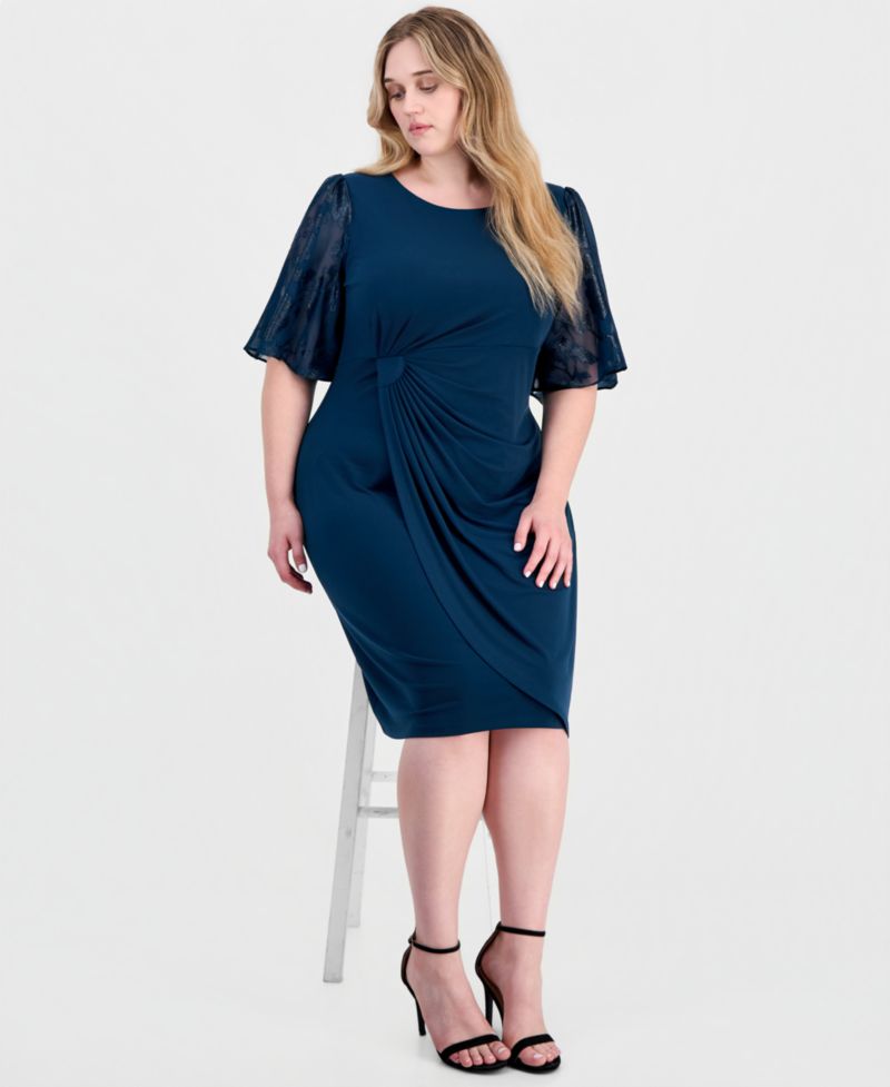 Petite Cocktail Clip-Chiffon Short-Sleeve Dress
