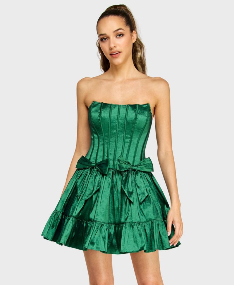 Juniors' Corseted Sleeveless Taffeta Fit & Flare Bow Detail Mini Dress