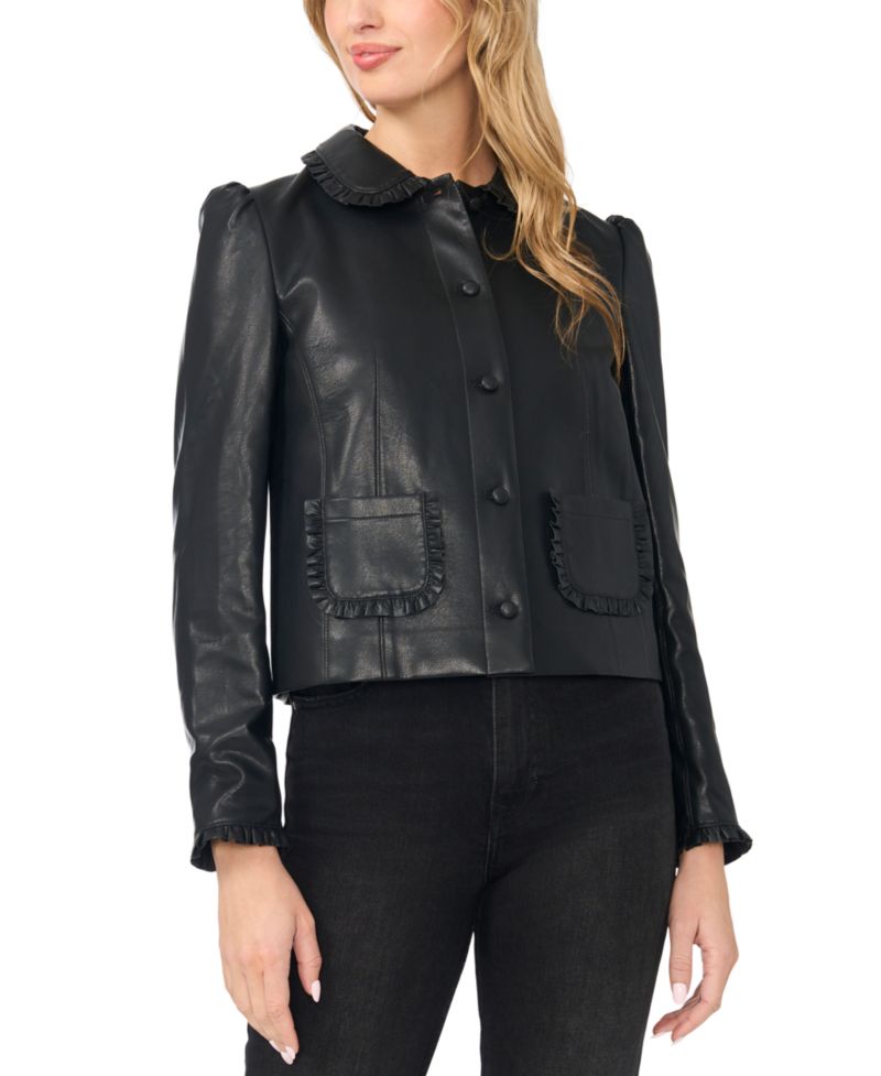 Women's Ruffle-Trim Puff-Shoulder Faux Leather Jacket
