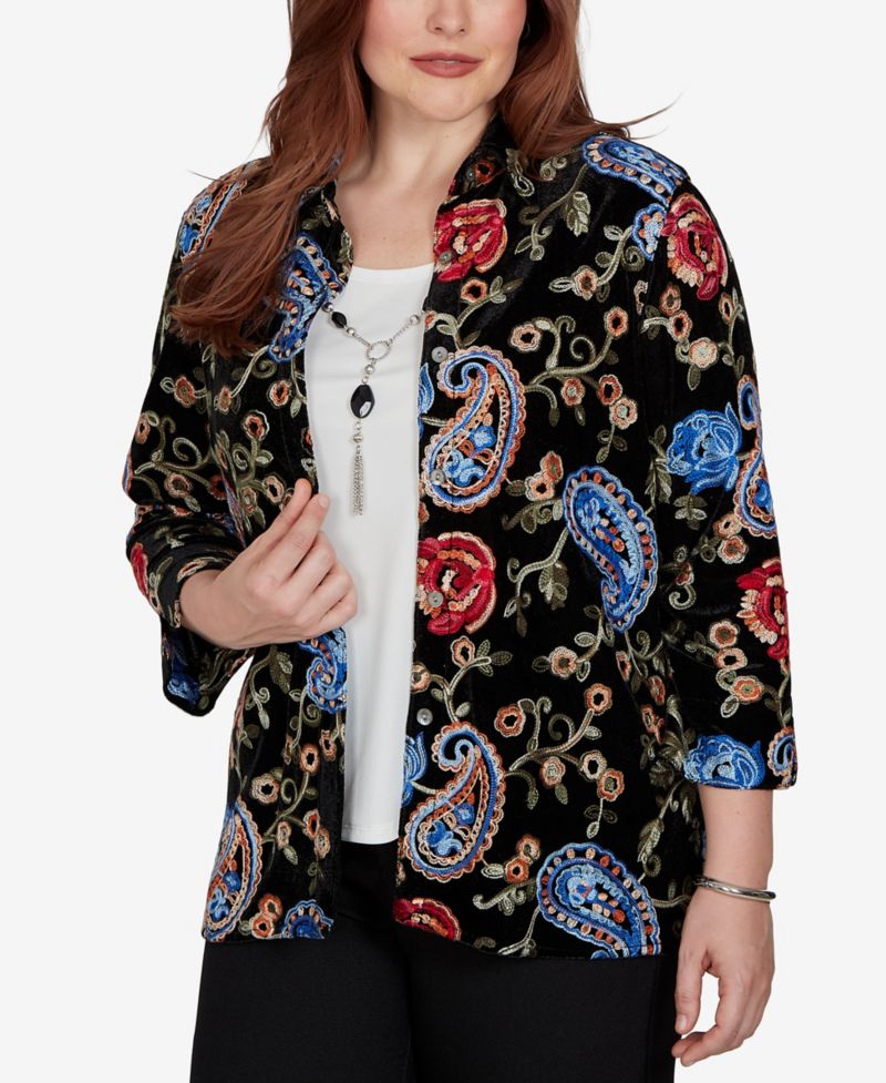 Women's Knit Floral-Print Velvet 3/4-Sleeve Blouse