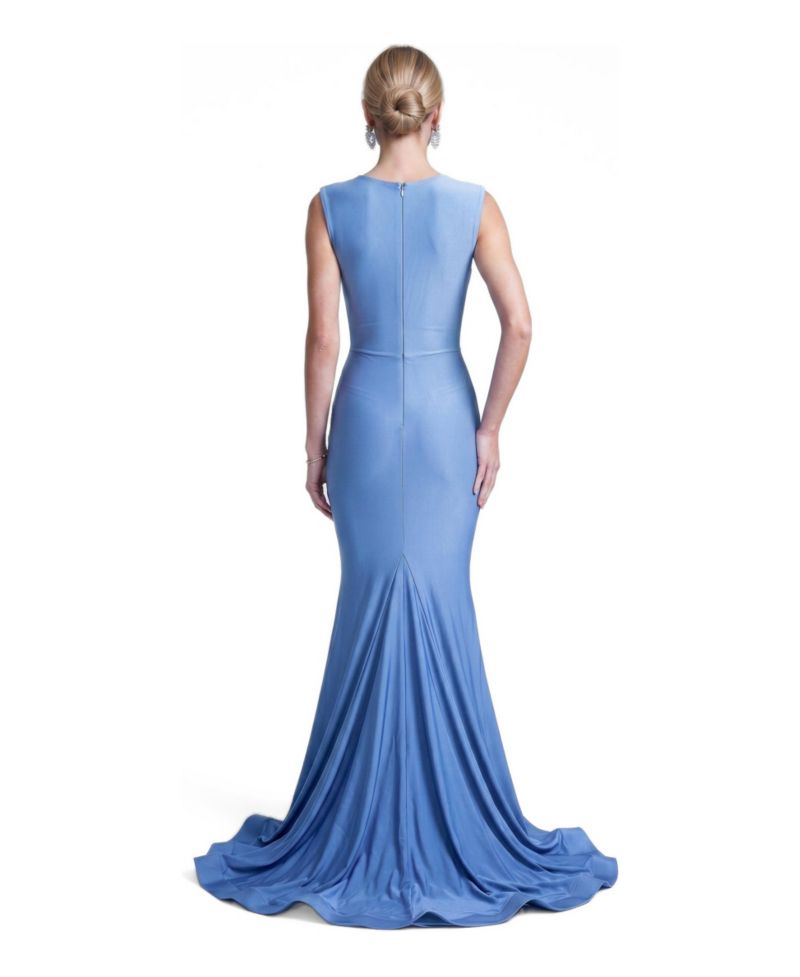 Women's Ruched Plunge Pleated Sleeveless Mermaid Gown