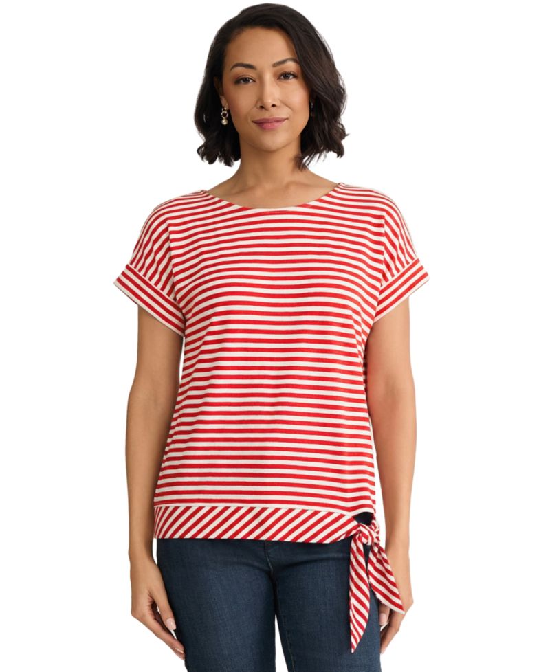 Petite Short-Sleeve Striped Side-Tie Boat Neck T-Shirt