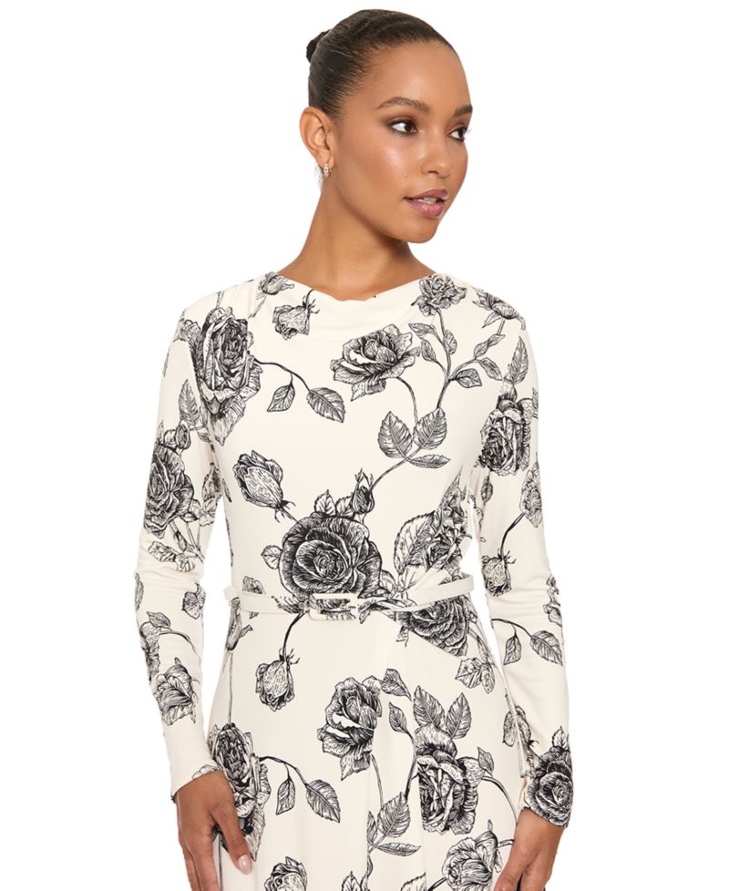 Women's Floral-Print Long-Sleeve Cowl Neck Midi Dress