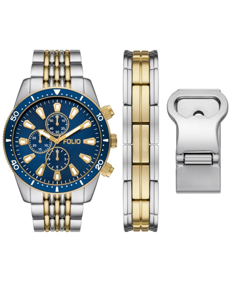 Men's Three Hand 2T Silver-Tone, Gold-Tone Alloy Watch 42mm Gift Set
