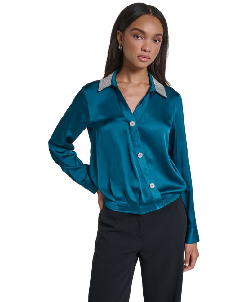Women's Crystal Collar Satin Blouse