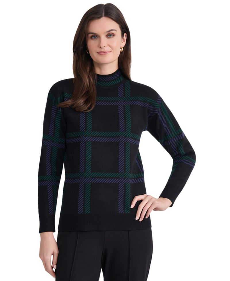 Petite Mock Neck Plaid Long-Sleeve Sweater