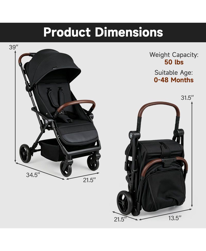 Lightweight Baby Stroller w/One-Hand Folding Adjustable Canopy Backrest Footrest