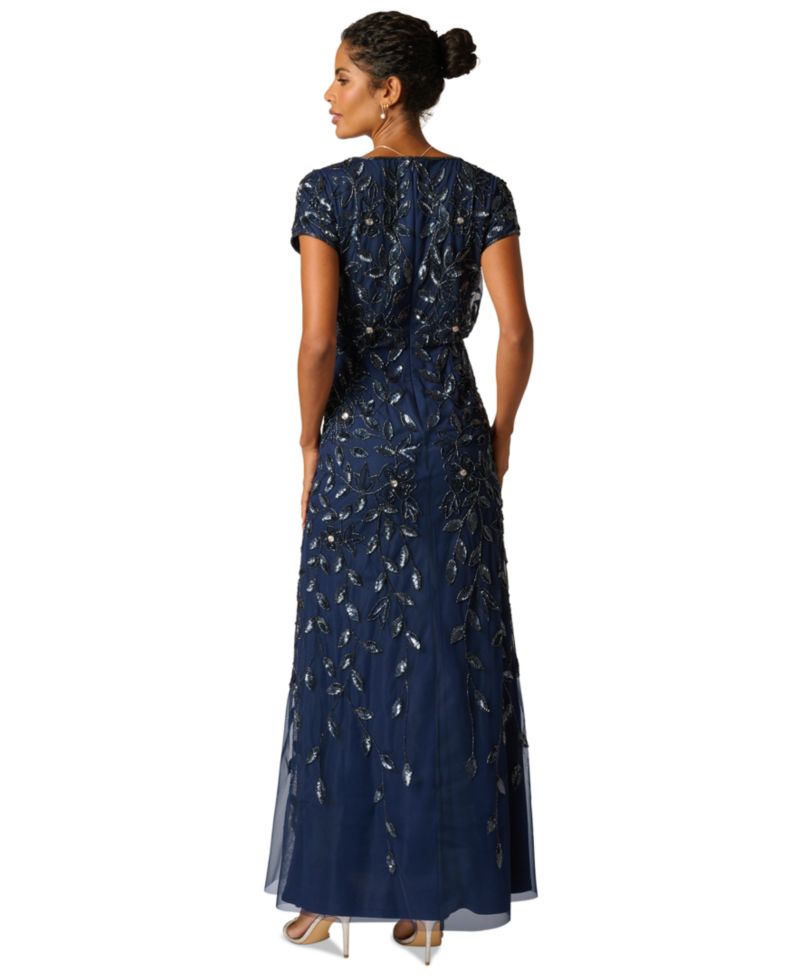 Women's Boat-Neck Blouson Beaded Gown