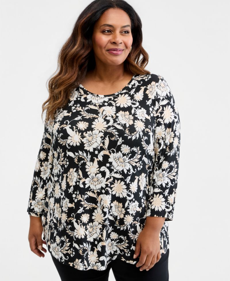 Petite Printed Scoop-Neck 3/4-Sleeve Top
