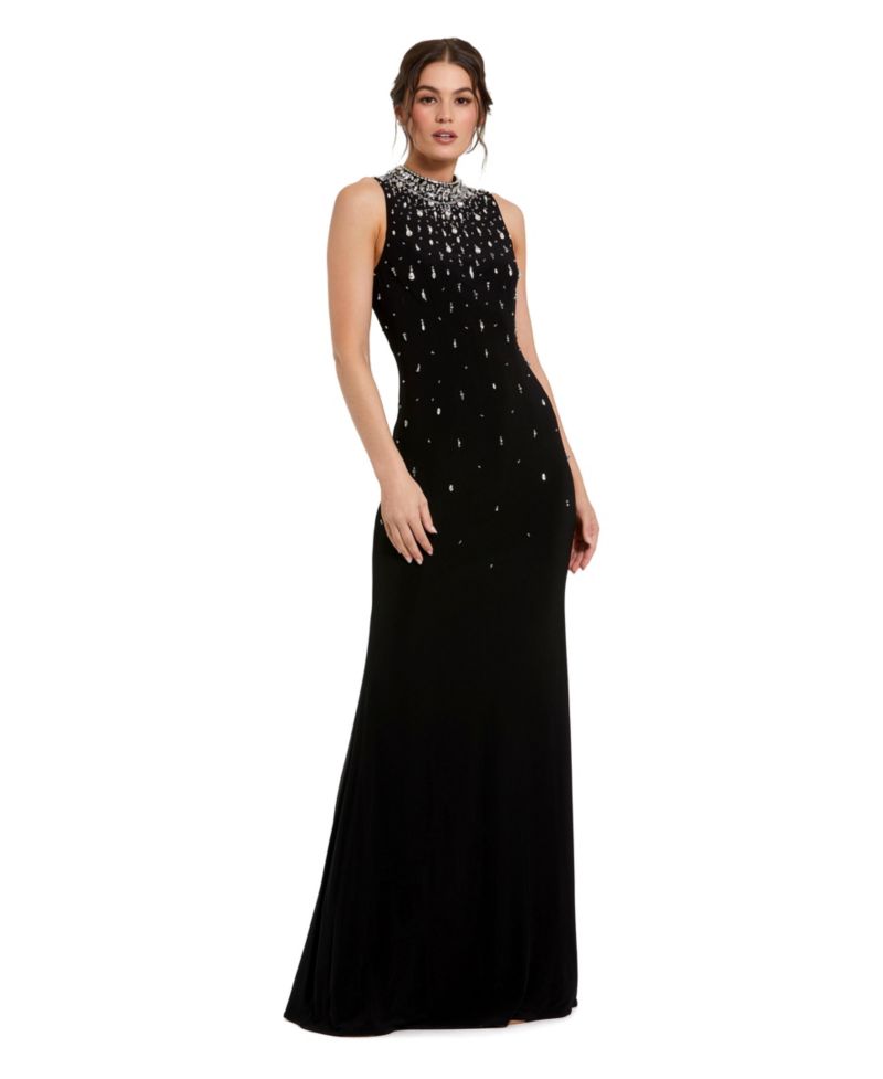 Women's High Neck Sleeveless Beaded Jersey Fitted Gown