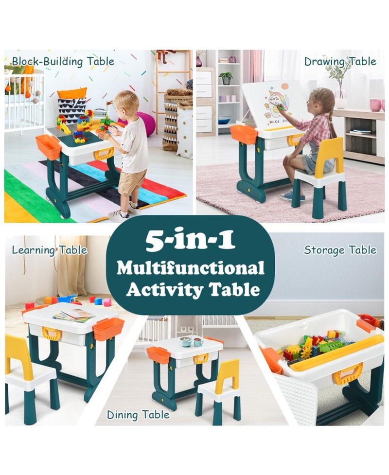 5-in-1 Kids Activity Table and Chair Set with Storage and Building Block Board