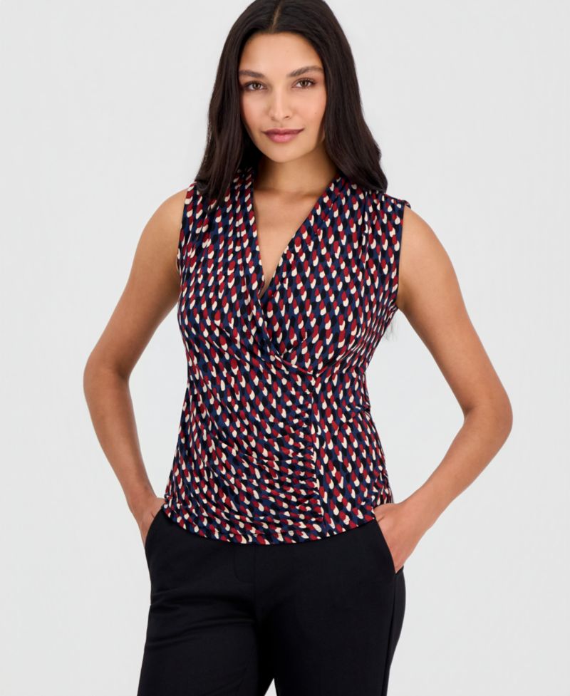 Women's Printed Faux-Wrap Sleeveless Top