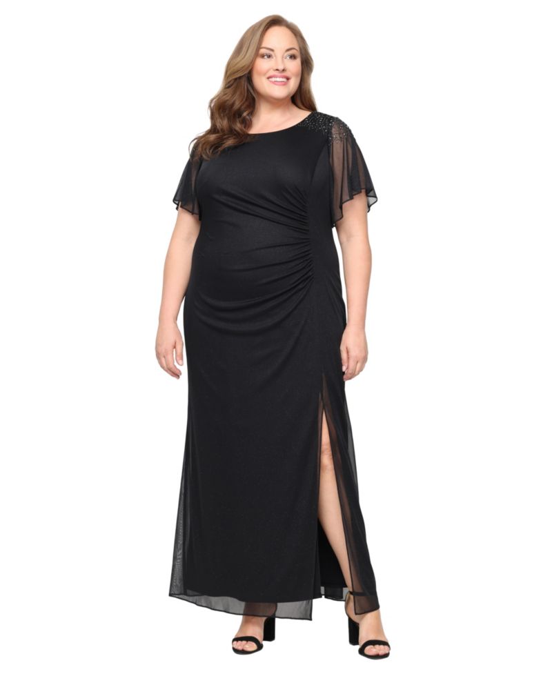 Women's Plus Size Flutter-Sleeve Side-Ruched Glitter Gown