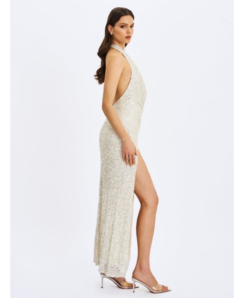 Women's Niamh Golden Beaded Cowl Halter Backless Maxi Dress