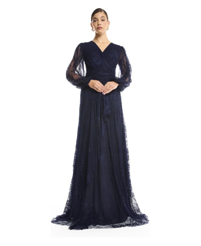 Women's Wrap Lace Gown with Sheer Sleeves - Tiered Ruffle Draped Evening Dress