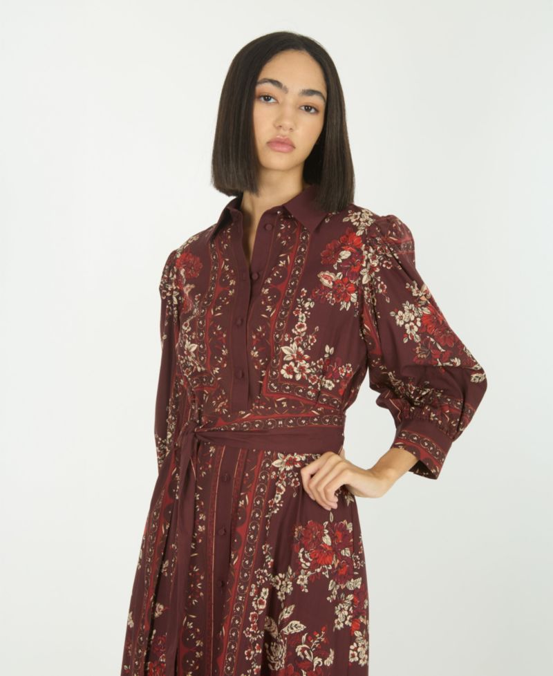 Women's Blaine Floral-Print Puff-Sleeve Belted Midi Shirt Dress