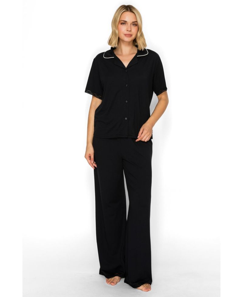 Women's Yummy Short-Sleeve Button-Up Wide-Leg Top and Pants Set
