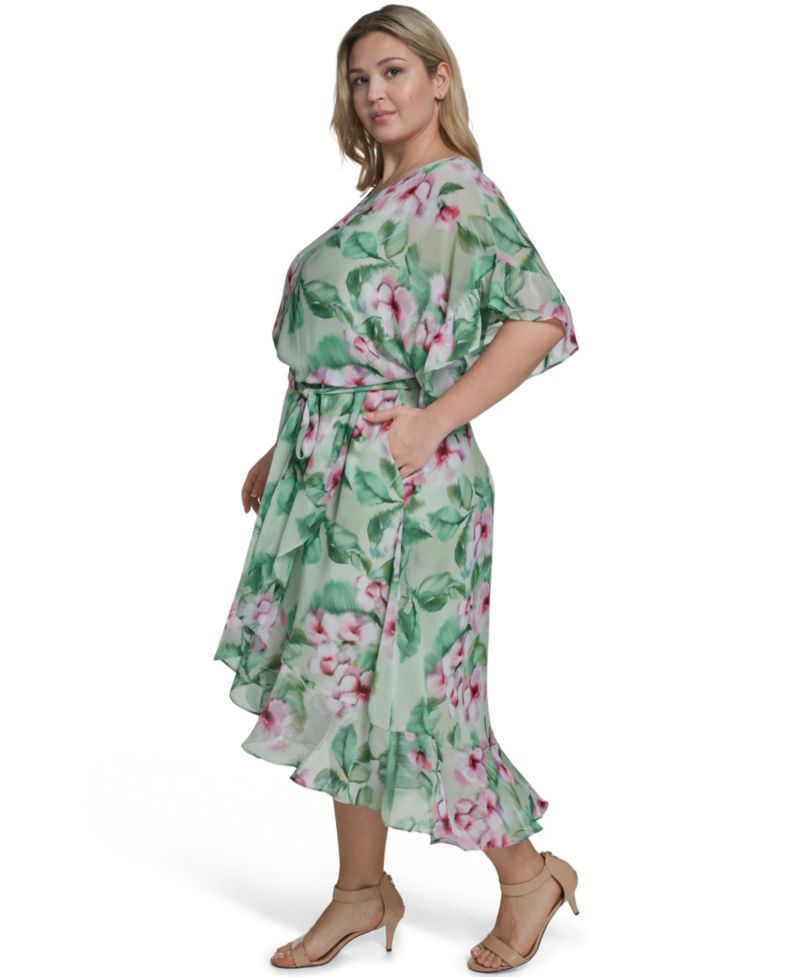 Plus Size Boat Neck Ruffle-Sleeve Dress