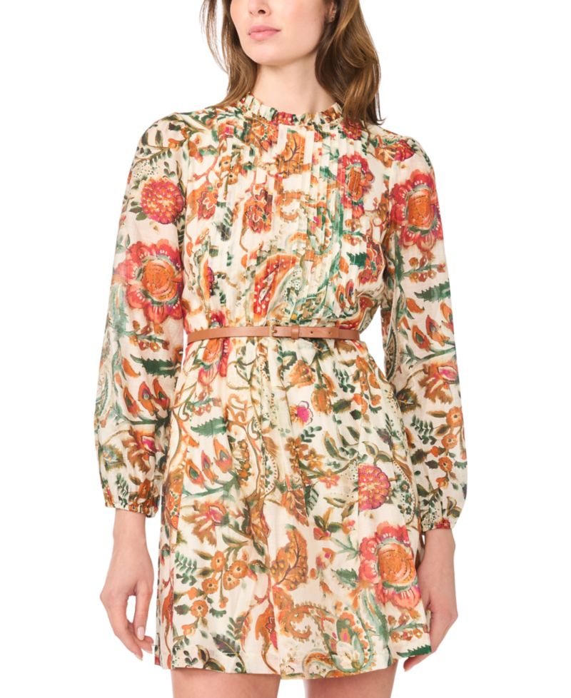 Petites Ruffle Mock Neck Floral-Print Long-Sleeve Dress