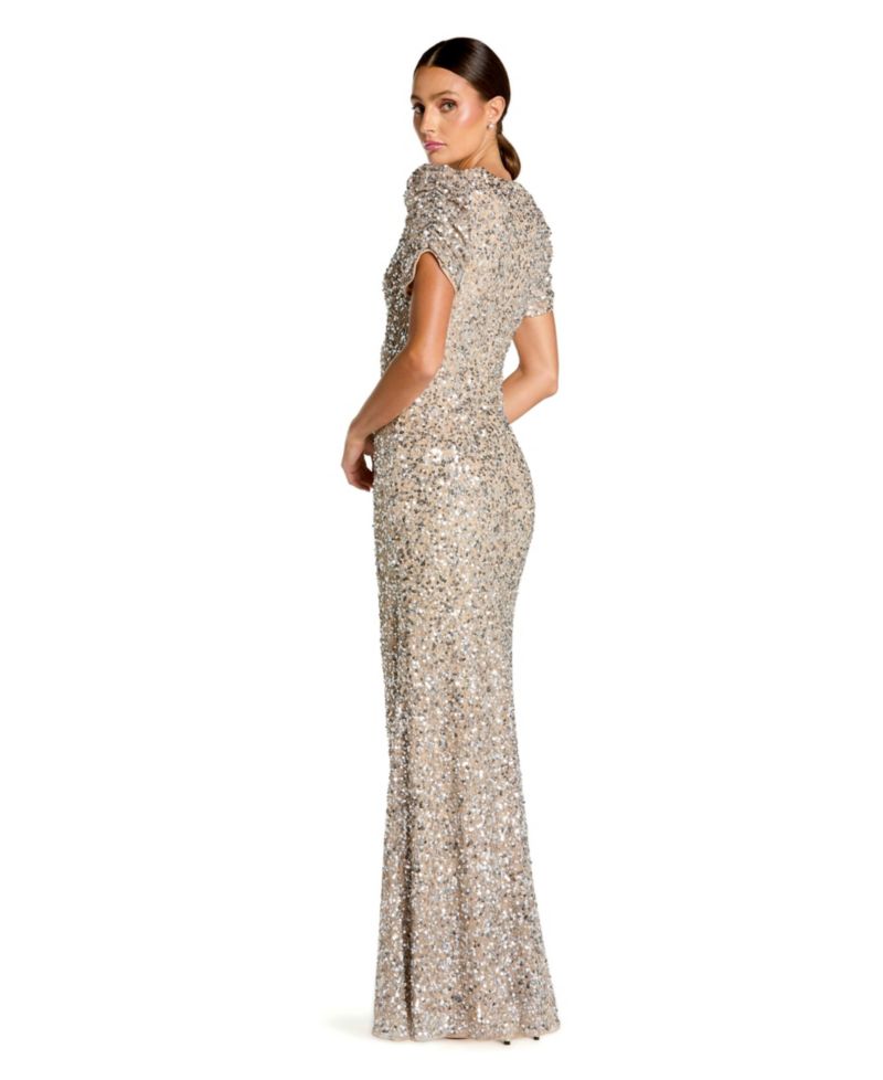 Women's High-Neck Short-Sleeve Sequin Gown