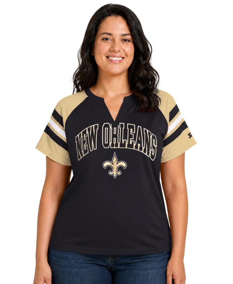 Women's Black New Orleans Saints Plus Size Game On Notch Neck Raglan T-Shirt